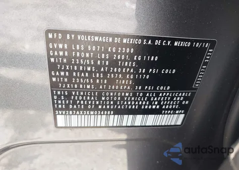 2019 Volkswagen Tiguan 2.0T Se/2.0T Sel/2.0T Sel R-Line/2.0T Sel R-Line Black z USA, uszkodzony, nr VIN 3VV2B7AX3KM034989